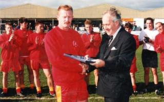 Ian Bowyer being recognised for his 500th Banbury United appearance in October 1998. The plaque to mark Ian's 500th appearance was presented to him by then club president David Jesson
