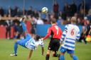 Oxford City striker Declan Benjamin tries a spectacular scissors kick