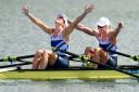 Anna Watkins (right) celebrates winning Olympic gold with Katherine Grainger in the women’s double sculls at Eton Dorney yesterday
