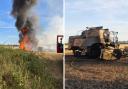 The combine harvester on fire in a field near Bicester on Saturday night Picture: OFRS