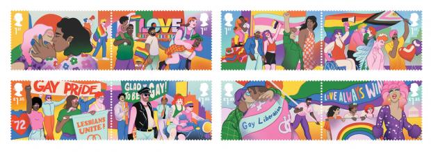 Bicester Advertiser: The set of eight new stamps being issued to mark the 50th anniversary of the UK’s first Pride rally. Picture: Royal Mail/PA