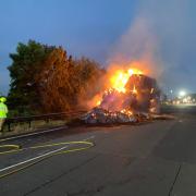 The lorry caught fire in the exit slip road of the M40 southbound at Junction 9. Picture: Oxfordshire Fire and Rescue Service
