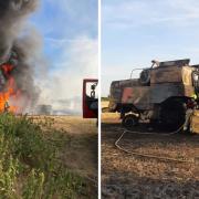The combine harvester on fire in a field near Bicester on Saturday night Picture: OFRS
