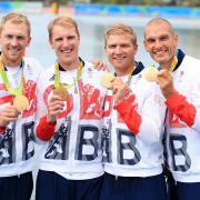 Great Britain's men's four of Alex Gregory, George Nash, Constantine Louloudis and Mohamed Sbihi with their gold medals in Rio Picture: Mike Egerton/PA Wire