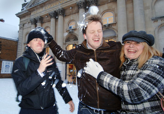 Halifax  staff, L to R, Chris Coles, Chris Robinson and Gill Dellar, were having a quick snowball fight before starting a days work at their branch in Castle Quay shopping centre.
Pic by Jon Lewis.