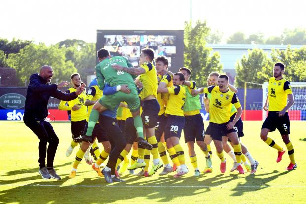 Oxford United celebrate beating Portsmouth on penalties in the 2020 Sky Bet League One play-off semi-final Picture: David Fleming
