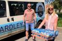 Ardley United chairman Ian Feaver with McDonald’s franchise owner Joanne Jones delivering the muffins on Saturday