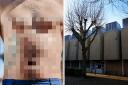File image of topless man and, right, Oxford Magistrates' Court Pictures: PEXELS/OM
