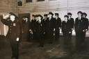 Fire crew at Bicester Fire Station. Bill Hopkinson front and centre behind the Chief Fire Officer.