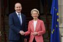 Taoiseach Micheal Martin welcomes European Commission president Ursula von der Leyen to Government Buildings in Dublin