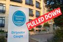 Thames Water has pulled down a sign renaming its £43million headquarters 'Dirtywater Caught'