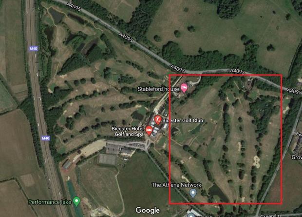Bicester Advertiser: Digging is taking place on the eastern side of the golf course marked by the red box. Pic: Google Maps