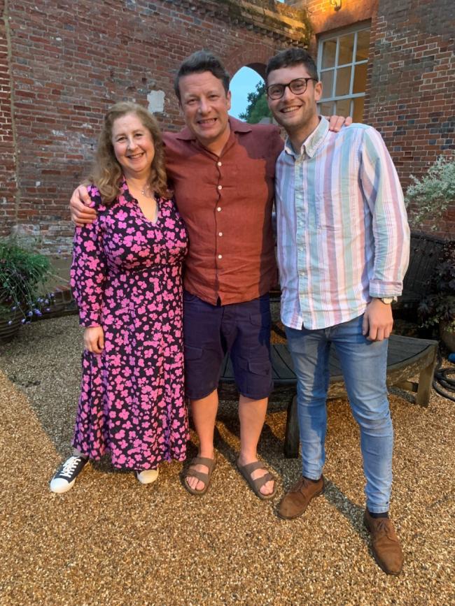 The Bicester School teachers Helen Holding and Sam Everall with Jamie Oliver. Picture supplied by the school