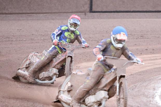 Scott Nicholls gives chase through the mud during Oxford Cheetahs’ defeat to Birmingham Brummies Picture: Steve Edmunds