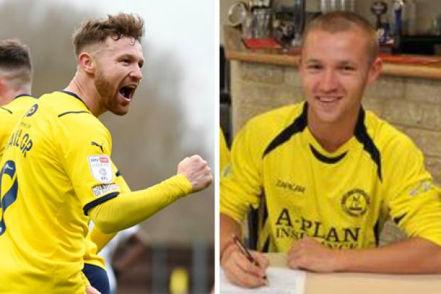 Matty Taylor playing for Oxford United last season, while (right) he signs a contract with North Leigh aged 21 in 2011 Picture: David Fleming