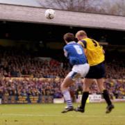 Paul Moody heads in for Oxford United in the 4-0 win at home to Peterborough United on May 4, 1996