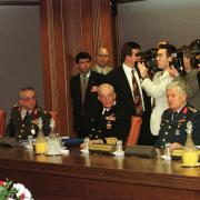 Ismail Hakki Karadayi and other top commanders, from left, Hikmet Koksal, Guven Erkaya, Ahmet Corekci and Teoman Koman, who formed the military wing of the National Security Council, during a meeting on February 28 1997 (Burhan Ozbilici/AP)