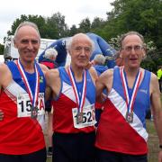 Oxford City’s (from left) Stewart Thorp, John Exley and Roy Treadwell with their gold medals at the BMAF Road Relay Championships